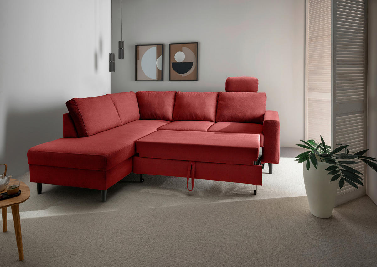 ECKSCHLAFSOFA in Rot Textil   - Rot/Schwarz, Modern, Holz/Textil (200/242cm) - Livetastic
