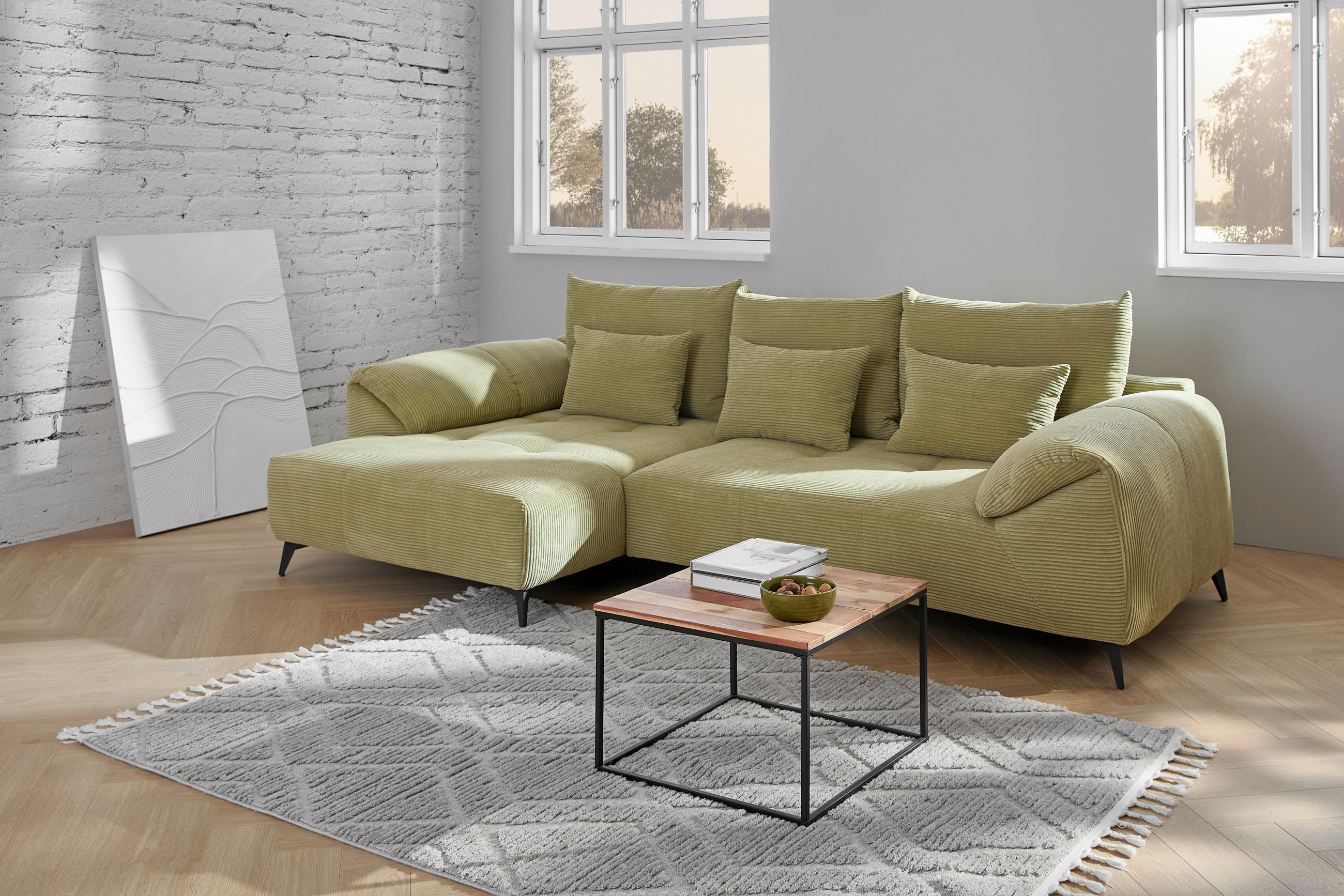 ECKSOFA in Cord Hellgrün  - Schwarz/Hellgrün, Konventionell, Textil/Metall (176/311cm) - Carryhome