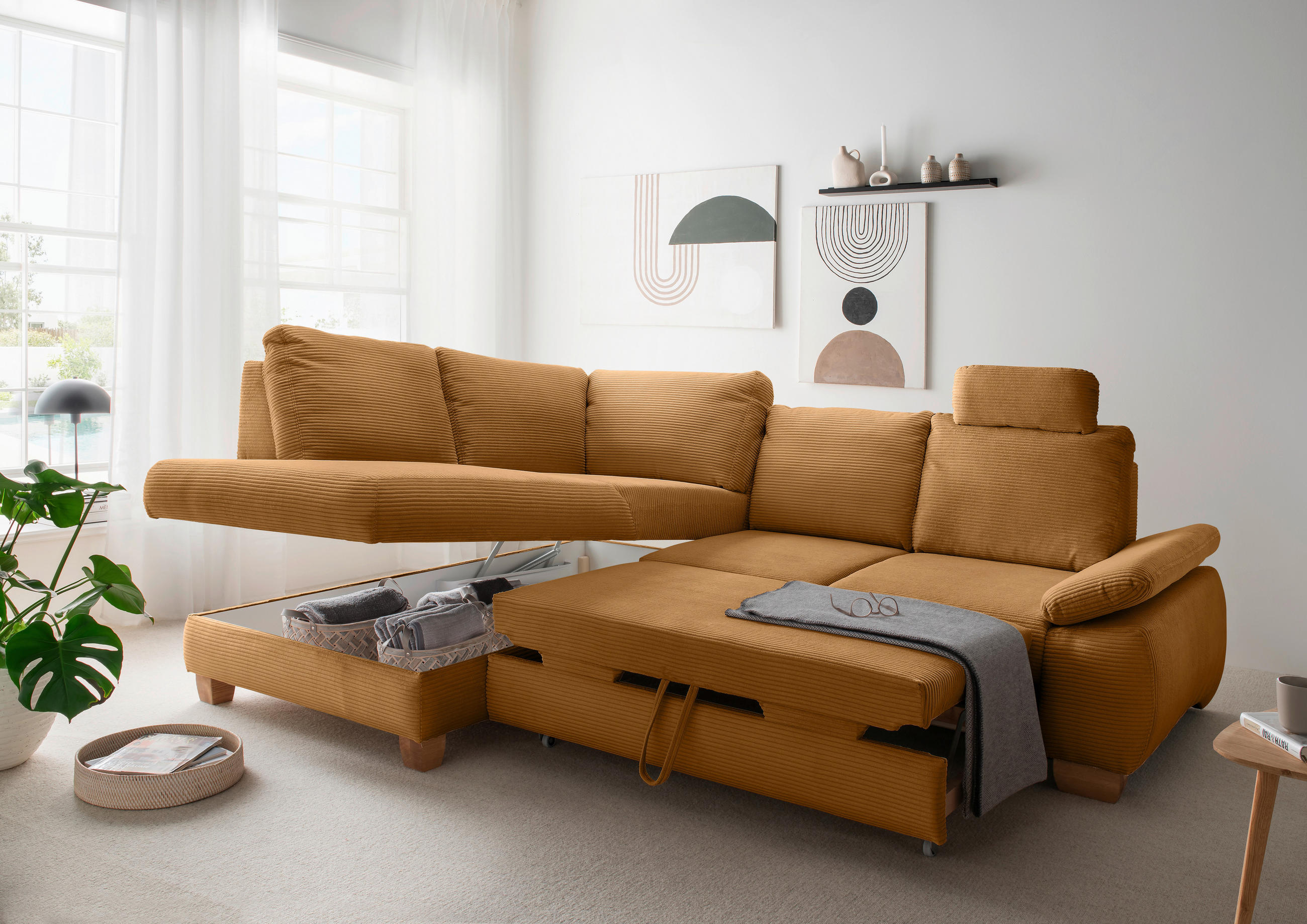 ECKSCHLAFSOFA in Cord Goldfarben - Wildeiche/Goldfarben, Modern, Holz/Textil (206/261cm) - Livetastic