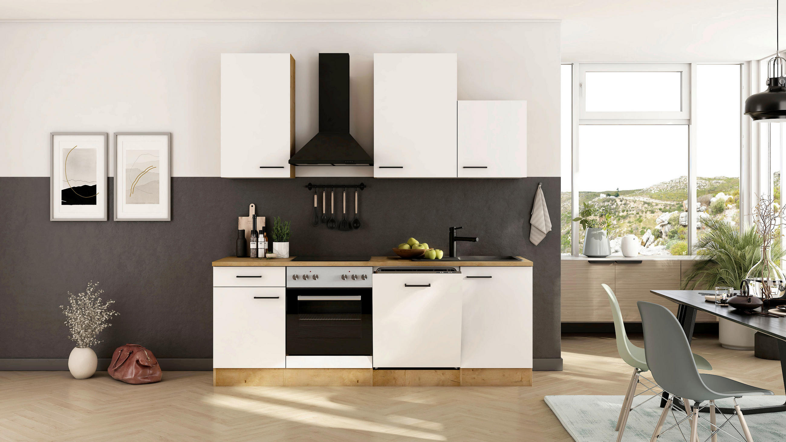 KÜCHENBLOCK 220 cm  in Eichefarben, Magnolie  - Eichefarben/Magnolie, Trend, Holzwerkstoff/Metall (220cm) - FlexWell