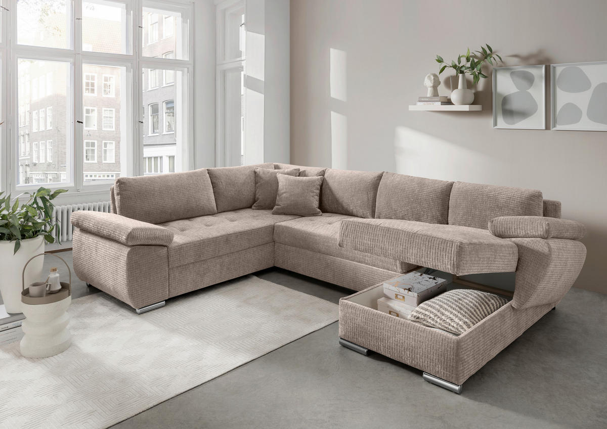 Wohnlandschaft Beige Mikrofaser  - Chromfarben/Beige, KONVENTIONELL, Textil (219/305/157cm) - Livetastic