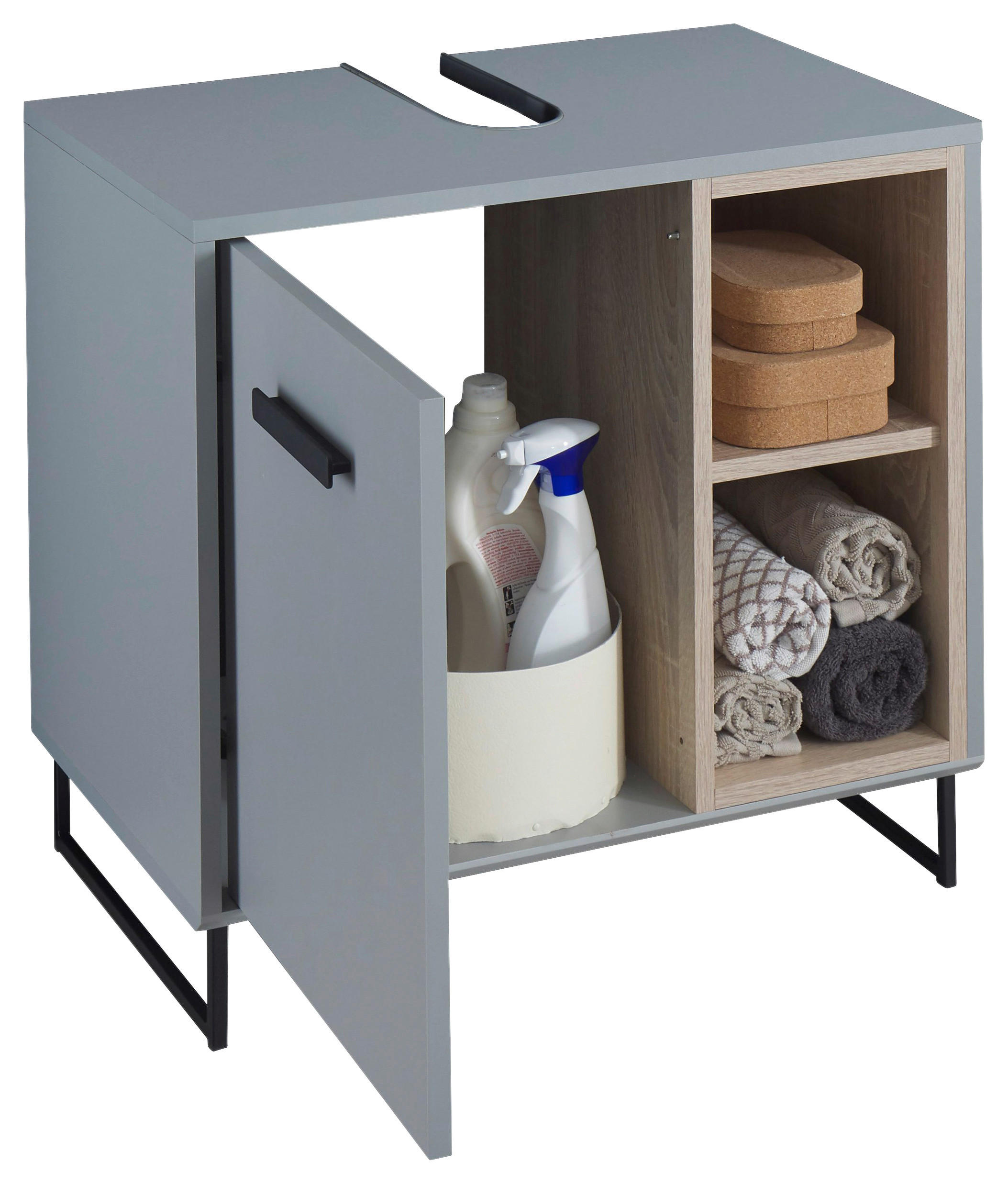 WASCHBECKENUNTERSCHRANK 65/60,5/38 cm  - Schwarz/Grau, Natur, Holzwerkstoff/Kunststoff (65/60,5/38cm) - home24