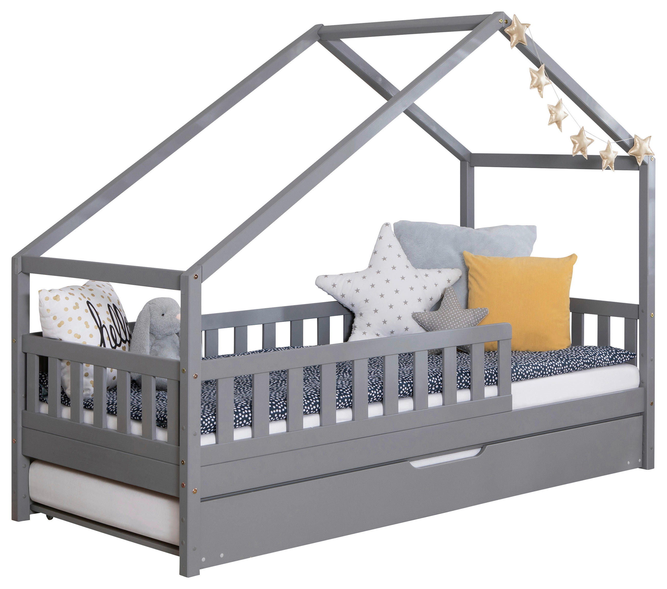 HAUSBETT Absturzsicherung, Matratze, Rollrost, Bettkasten 90/200 cm  - Hellgrau/Weiß, MODERN, Holz/Textil (90/200cm) - MID.YOU