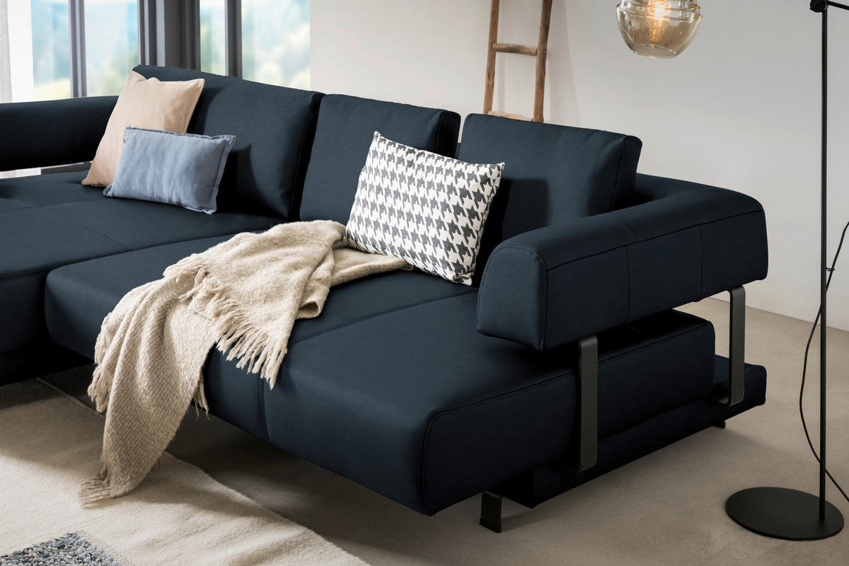 ECKSOFA in Echtleder Dunkelblau  - Schwarz/Dunkelblau, Design, Leder/Metall (188/307cm)