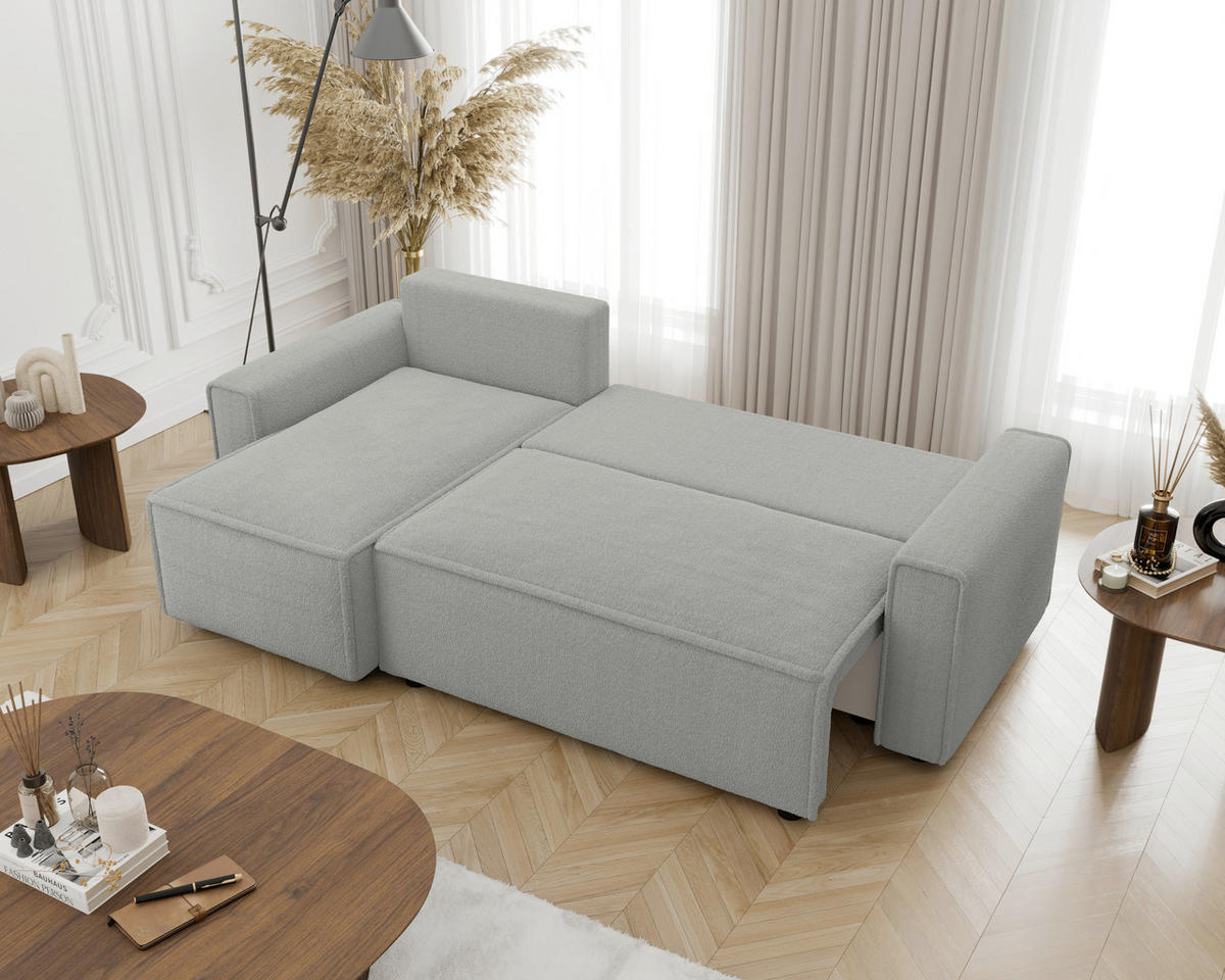 ECKSOFA Hellgrau Bouclé Zierkissen, Rückenkissen, Bettkasten, Schlaffunktion, Rücken echt, Liegefläche im Originalstoff  - Hellgrau/Schwarz, MODERN, Kunststoff/Textil (143/232cm) - Carryhome