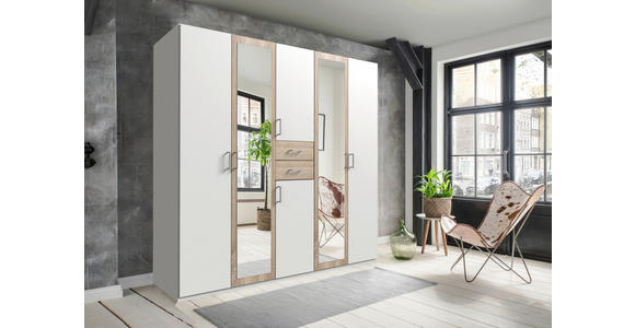 KLEIDERSCHRANK in Weiß, Eichefarben - Eichefarben/Alufarben, KONVENTIONELL, Glas/Holzwerkstoff (225/208/58cm) - Carryhome