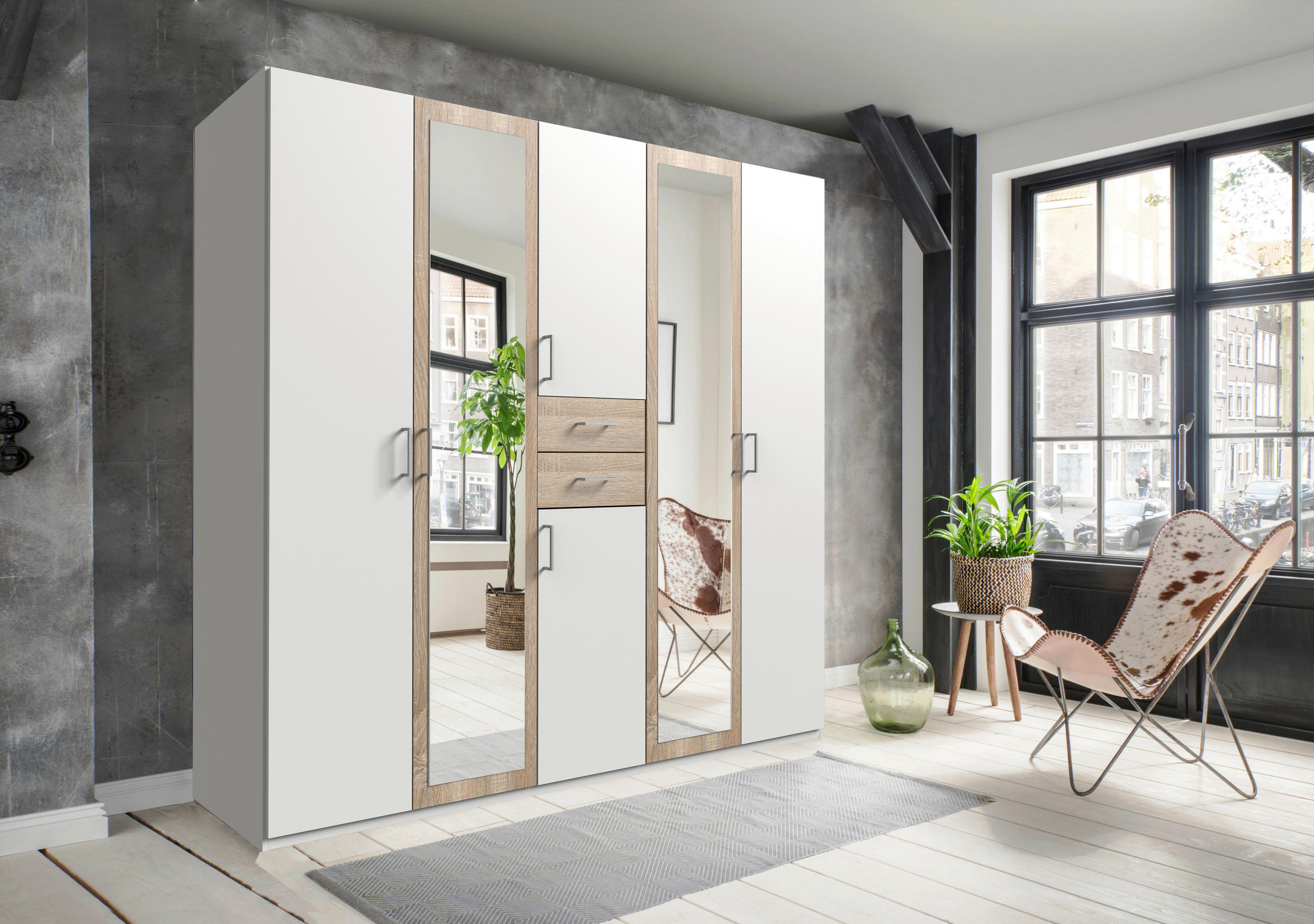 KLEIDERSCHRANK  in Weiß, Eichefarben  - Eichefarben/Alufarben, KONVENTIONELL, Glas/Holzwerkstoff (225/208/58cm) - Carryhome