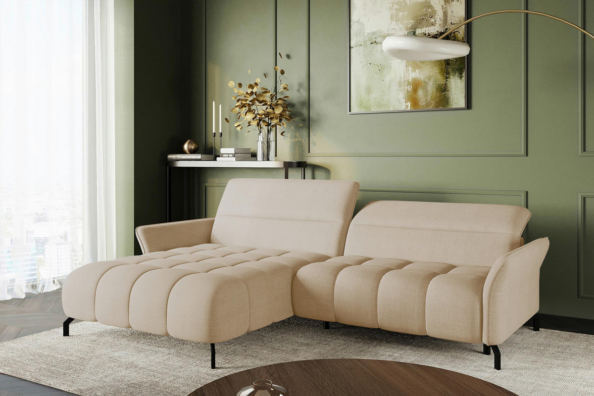 ECKSOFA Beige Flachgewebe Rücken echt, Kopfteilverstellung, Sitztiefenverstellung  - Beige/Schwarz, KONVENTIONELL, Textil/Metall (175/272cm) - Carryhome