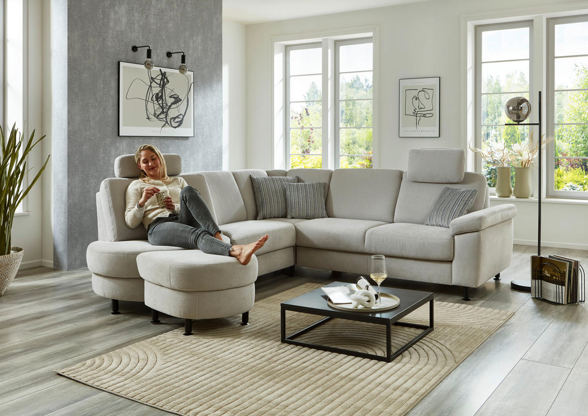 ECKSOFA in Flachgewebe Hellgrau  - Hellgrau/Schwarz, Konventionell, Textil/Metall (252/248cm) - Beldomo Comfort