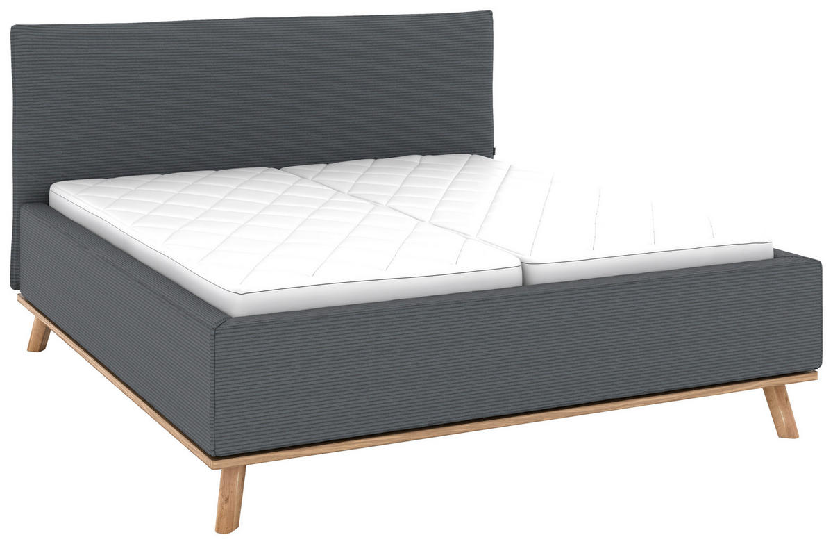 POLSTERBETT 180/200 cm,  in Grau, Matratze, Lattenrost, Bettkasten, unterschiedliche Matratzenhärtegrade je Bettseite, H2 + H3 = mittel + fest  - Eichefarben/Weiß, Design, Holz/Textil (180/200cm) - Musterring