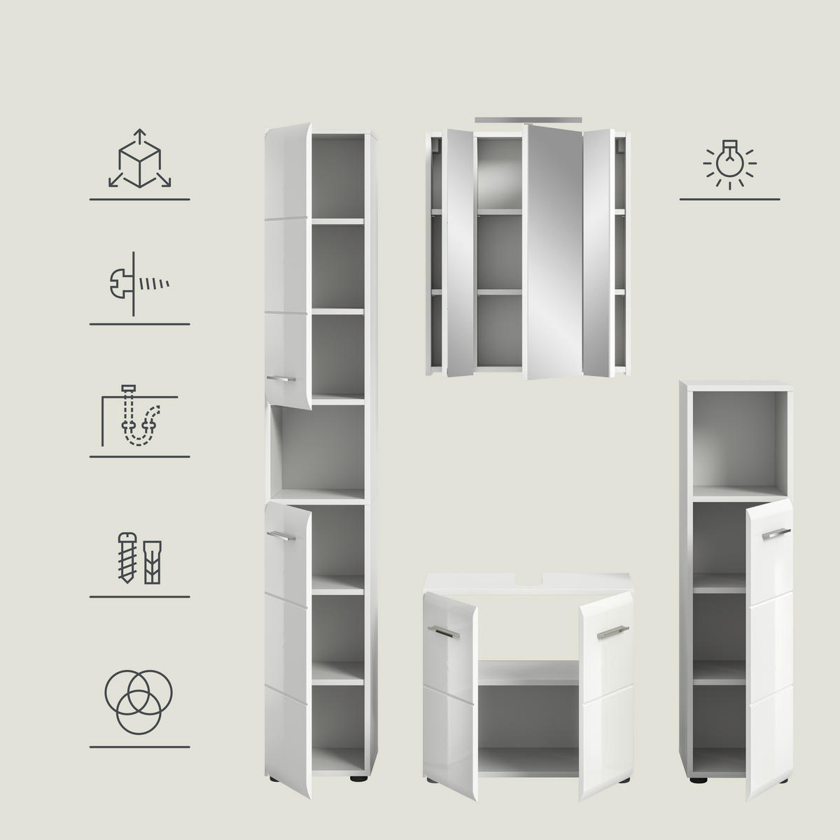 BADEZIMMER 4-teilig  in 120 cm  - Weiß Hochglanz/Silberfarben, MODERN, Holzwerkstoff/Kunststoff (120cm) - MID.YOU