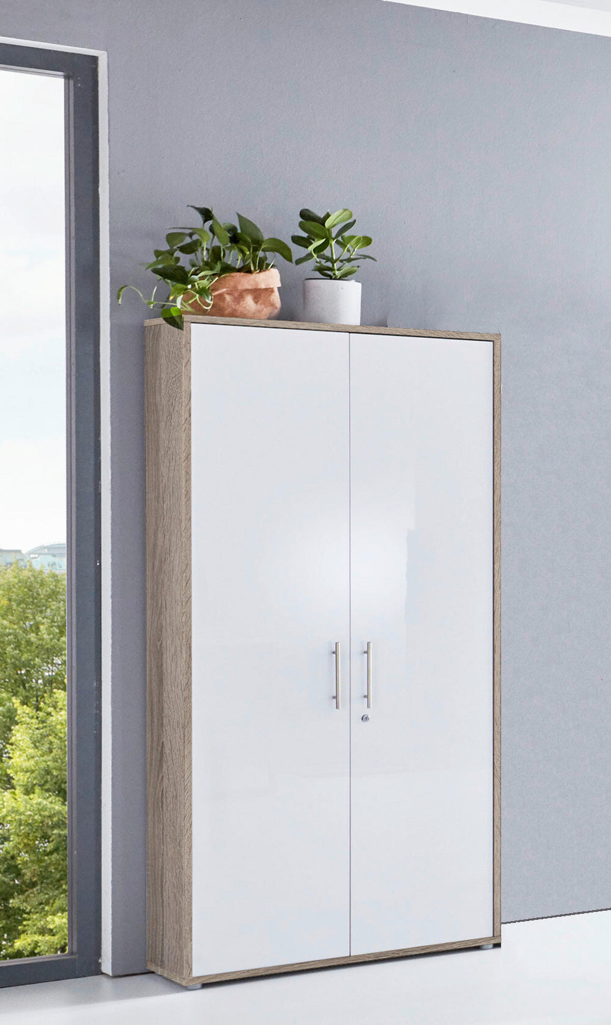 AKTENSCHRANK Sonoma Eiche, Weiß Hochglanz  - Weiß Hochglanz/Sonoma Eiche, MODERN, Holzwerkstoff (257/185,6/33cm) - MID.YOU
