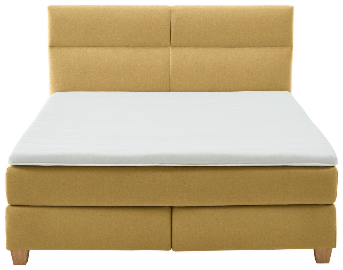 BOXSPRINGBETT 160/200 cm,  in Currygelb, Matratze, Topper, unterschiedliche Matratzenhärtegrade je Bettseite, H2 + H3 = mittel + fest  - Currygelb/Buchefarben, MODERN, Holz/Textil (160/200cm) - Beldomo - Sleep