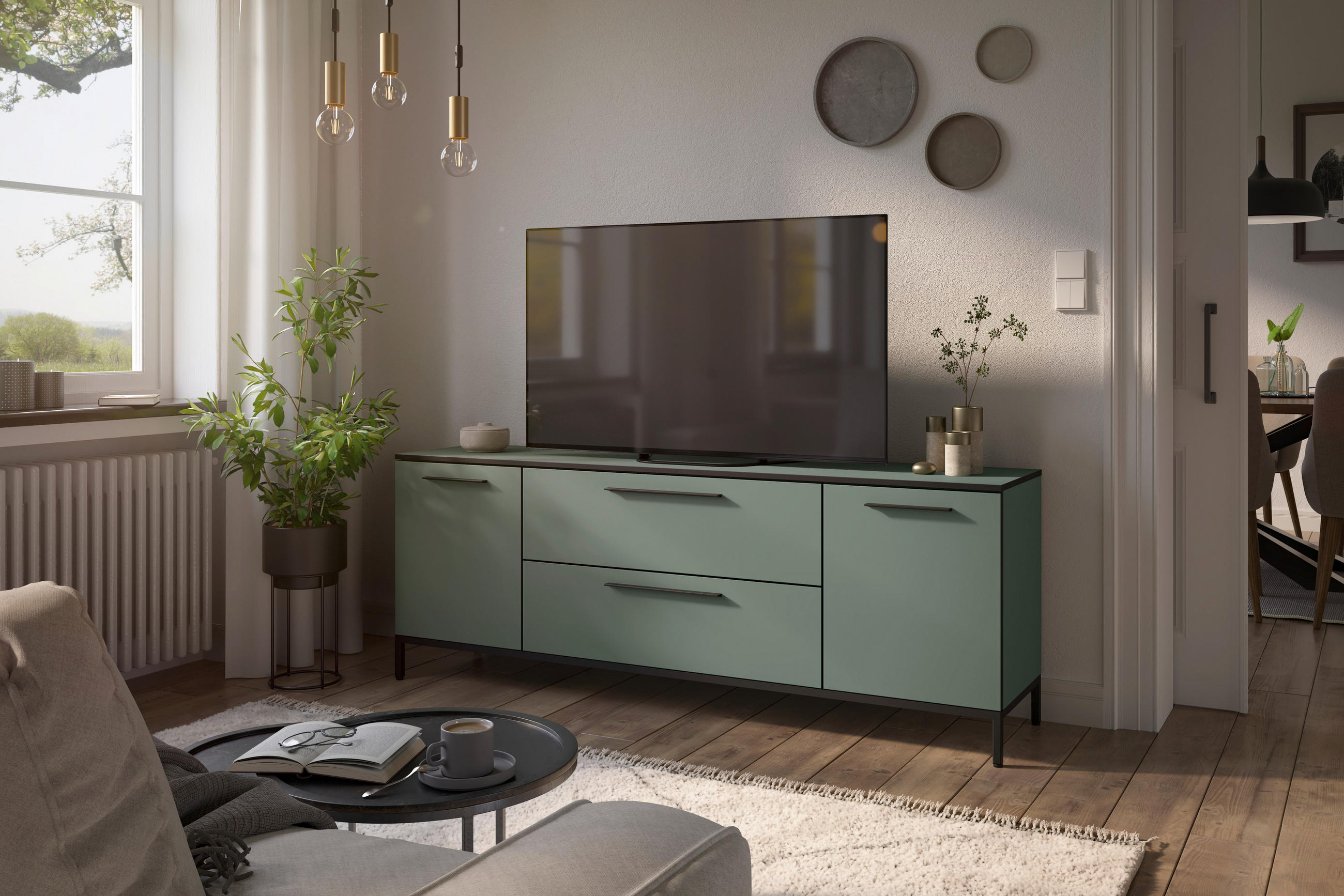 LOWBOARD Soul  in 180/66/40 cm  - Schilfgrün/Schwarz, MODERN, Holzwerkstoff/Metall (180/66/40cm)