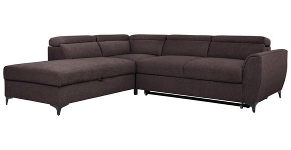 ECKSOFA Dunkelbraun Velours Bettkasten, Schlaffunktion, Rücken echt, Kopfteilverstellung, Liegefläche im Originalstoff  - Dunkelbraun/Schwarz, KONVENTIONELL, Textil/Metall (217/255cm) - Carryhome