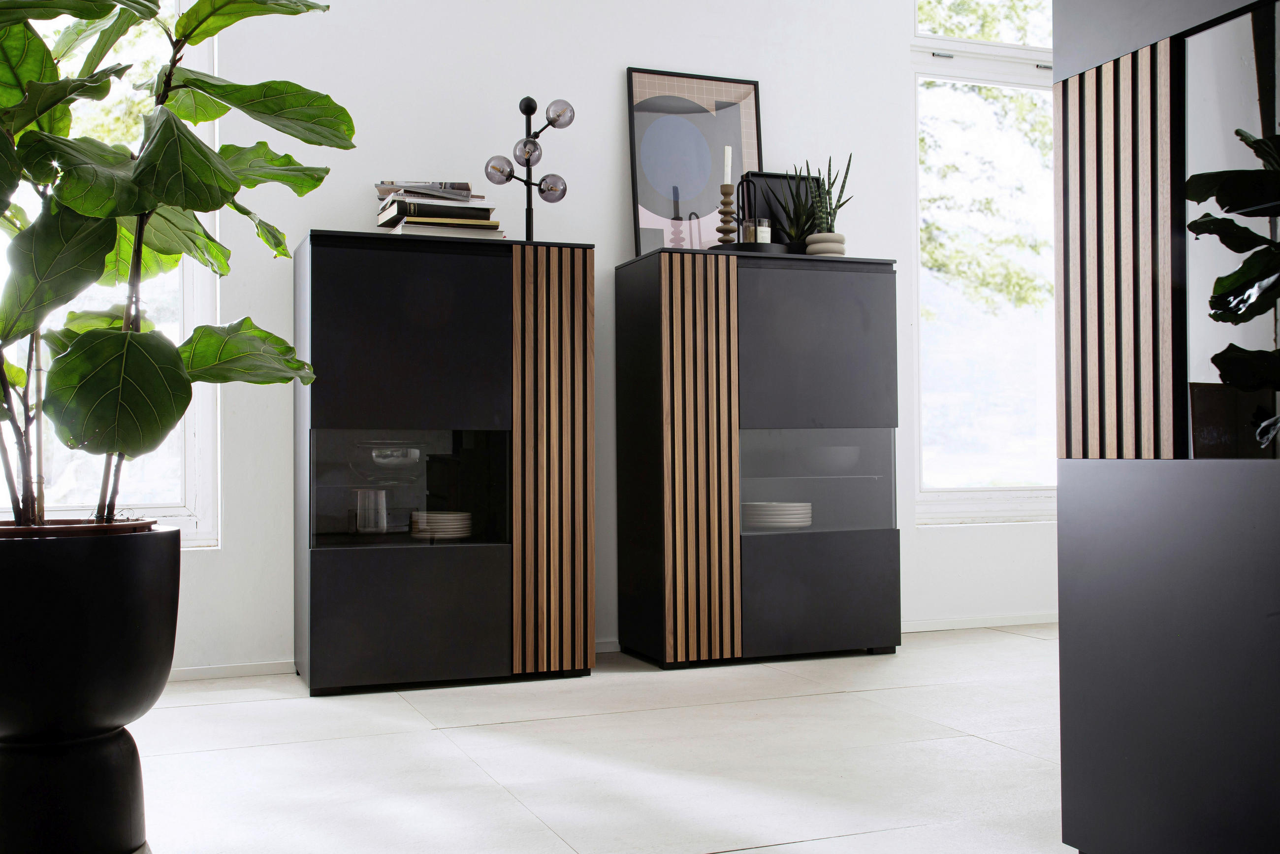 HIGHBOARD Anthrazit, Nussbaumfarben  87/136/45 cm  - Anthrazit/Nussbaumfarben, Design, Glas/Holz (87/136/45cm) - Moderano