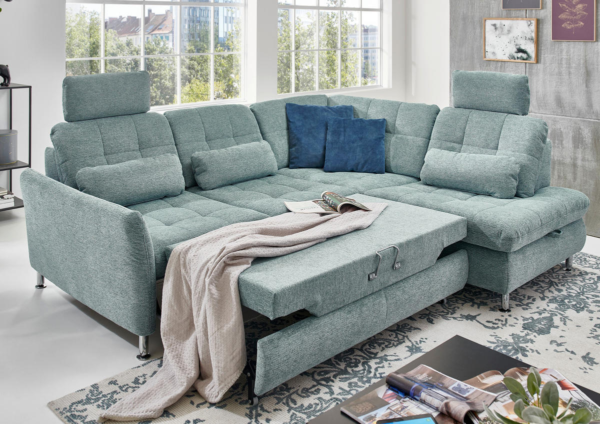 ECKSOFA in Webstoff Türkis  - Türkis/Schwarz, Konventionell, Textil/Metall (210/242cm) - Beldomo Style