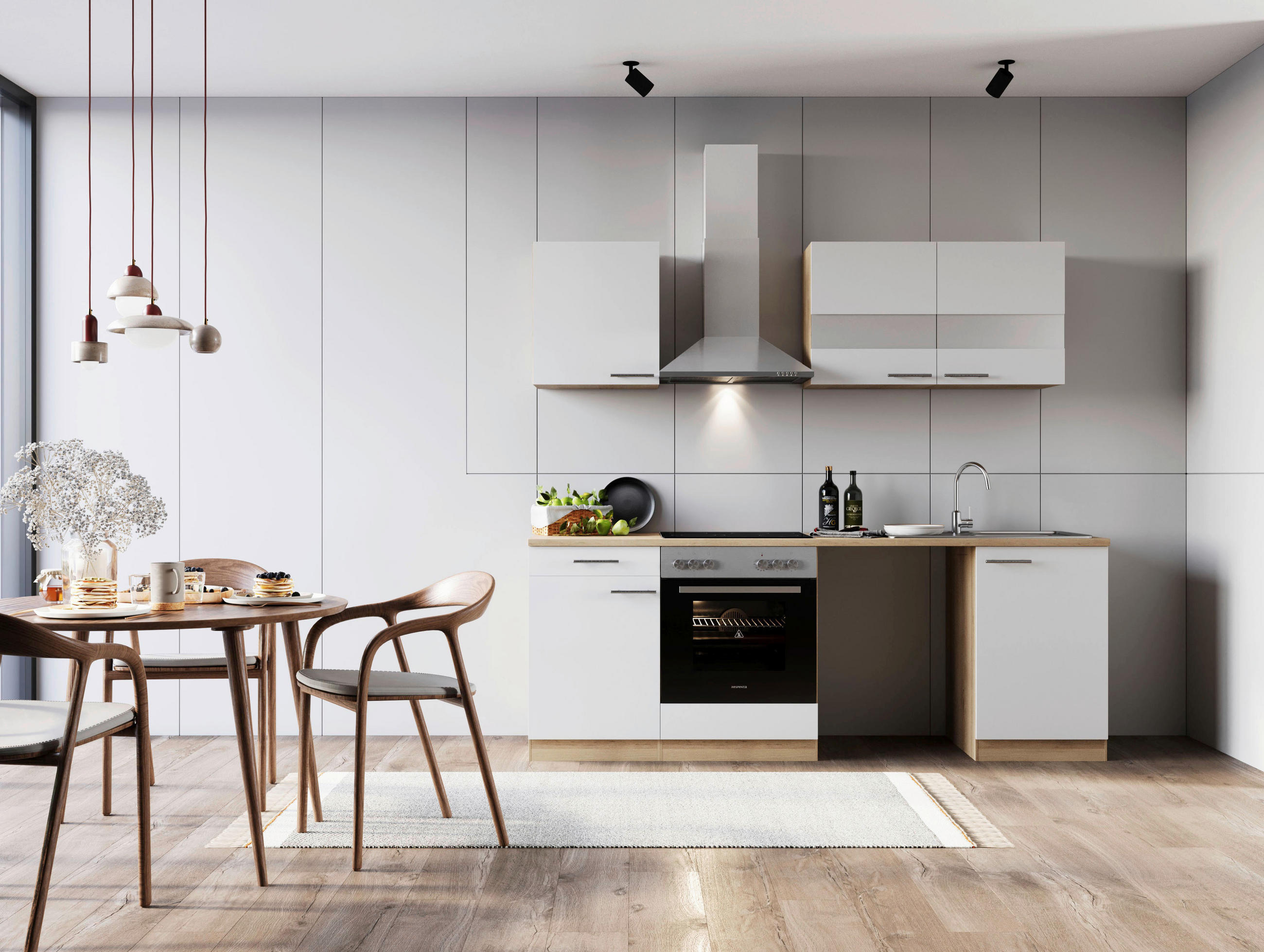 KÜCHENBLOCK 220 cm   in Weiß  - Edelstahlfarben/Eichefarben, Basics, Glas/Holzwerkstoff (220cm) - Respekta