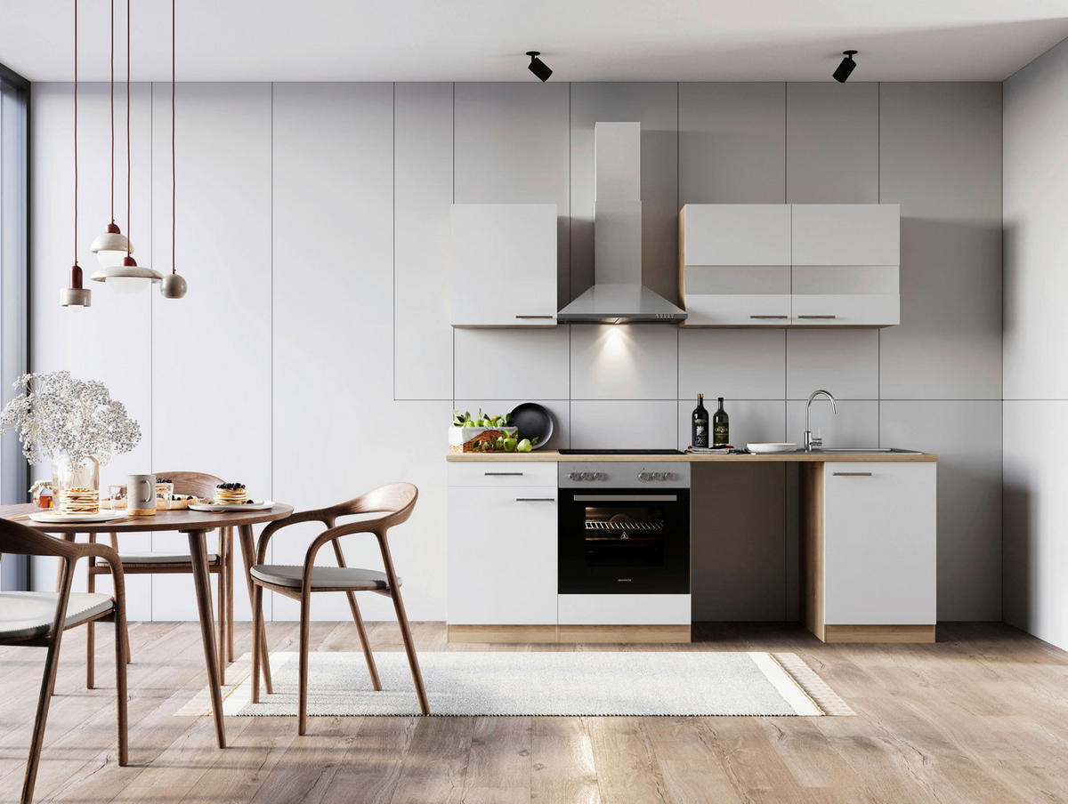 KÜCHENBLOCK 220 cm   in Weiß  - Edelstahlfarben/Eichefarben, Basics, Glas/Holzwerkstoff (220cm) - Respekta