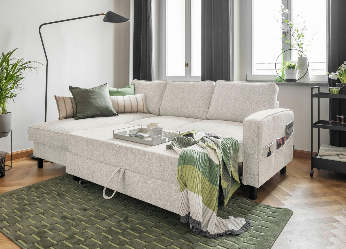 ECKSOFA in Struktur Beige  - Beige/Schwarz, Holz/Textil (148/228cm) - MID.YOU