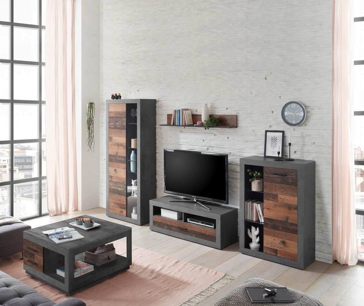 WOHNWAND  in Anthrazit, Braun  304/189/40 cm  - Anthrazit/Schwarz, Trend, Glas/Holzwerkstoff (304/189/40cm) - Ti'me