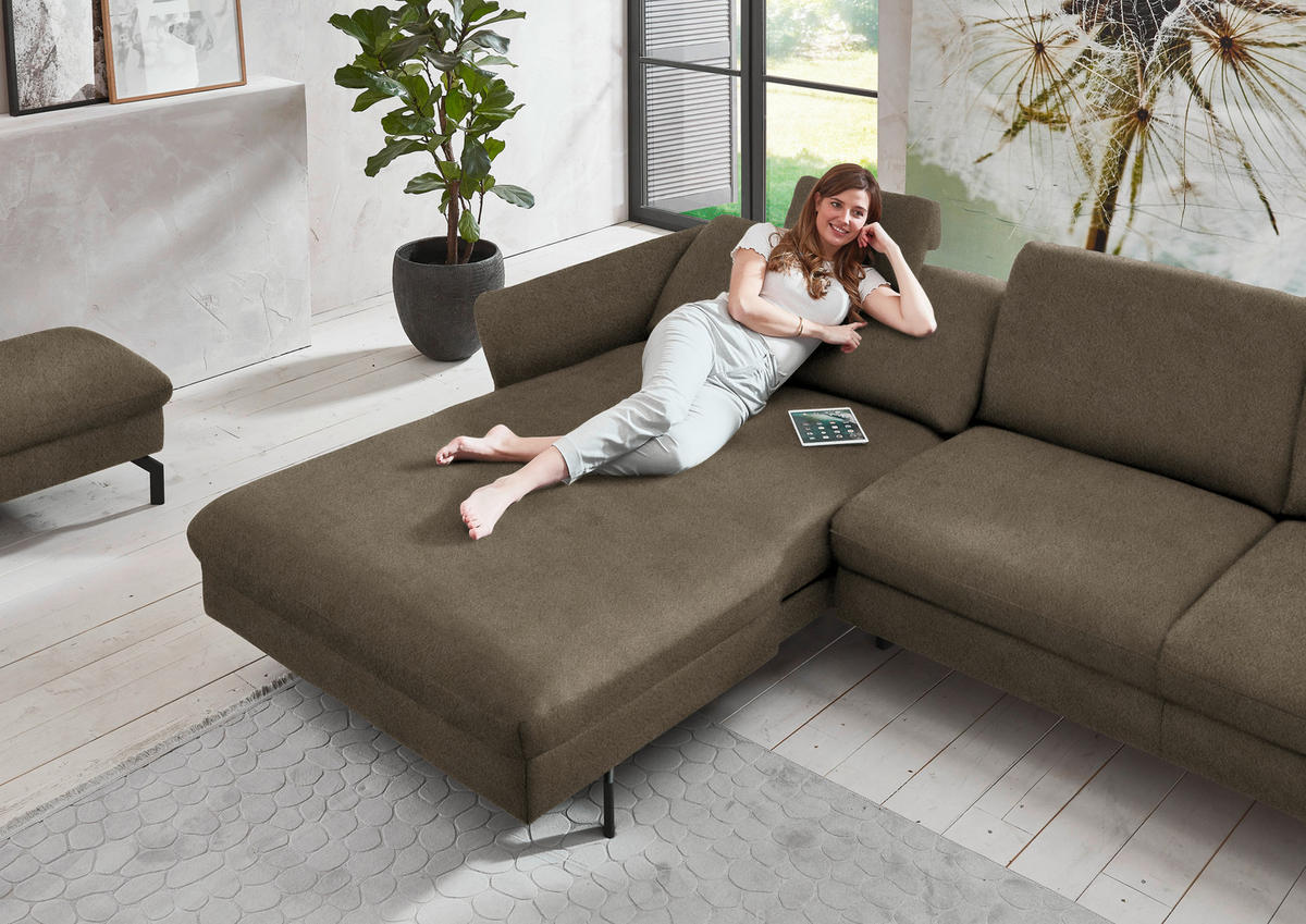 ECKSOFA in Velours Graubraun  - Graubraun/Schwarz, Design, Textil/Metall (179/306cm) - Beldomo System