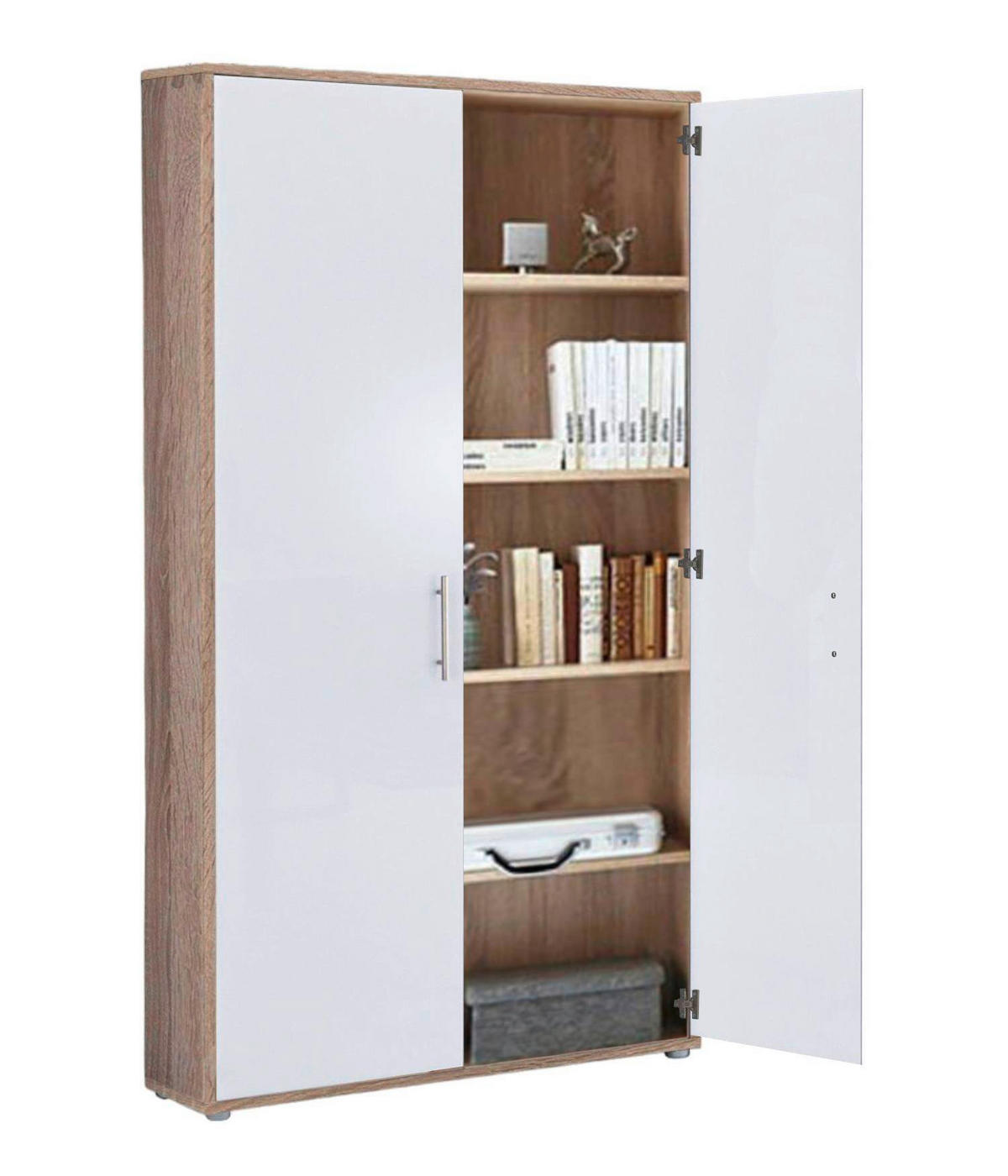 BÜRO erweiterbar, abschließbar Sonoma Eiche, Weiß Hochglanz - Weiß Hochglanz/Sonoma Eiche, MODERN, Holzwerkstoff/Metall - MID.YOU