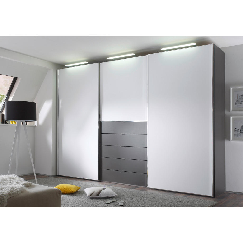 Thumbnail - Moderano Schwebetürenschrank, Grau, Weiß, Holzwerkstoff, 6 Fächer, 5 Schubladen, 298x240x68 cm, BQ - Bündnis für Qualitä...