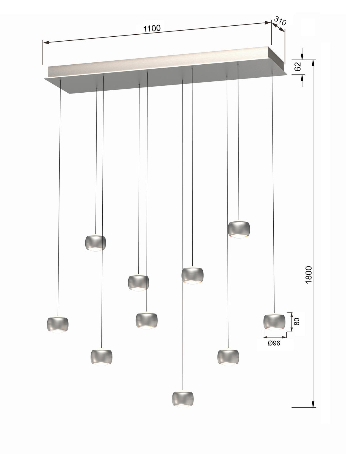 LED-HÄNGELEUCHTE 110/31/180 cm  - Nickelfarben, Basics, Metall (110/31/180cm)
