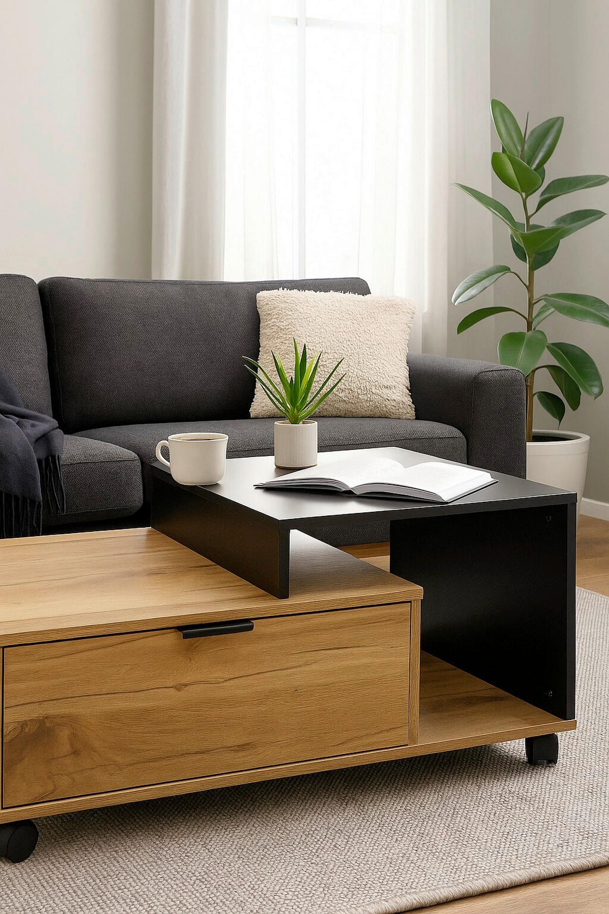 COUCHTISCH 90/50/40 cm rechteckig Schwarz, Eichefarben  - Eichefarben/Schwarz, Design, Holzwerkstoff/Kunststoff (90/50/40cm) - MID.YOU