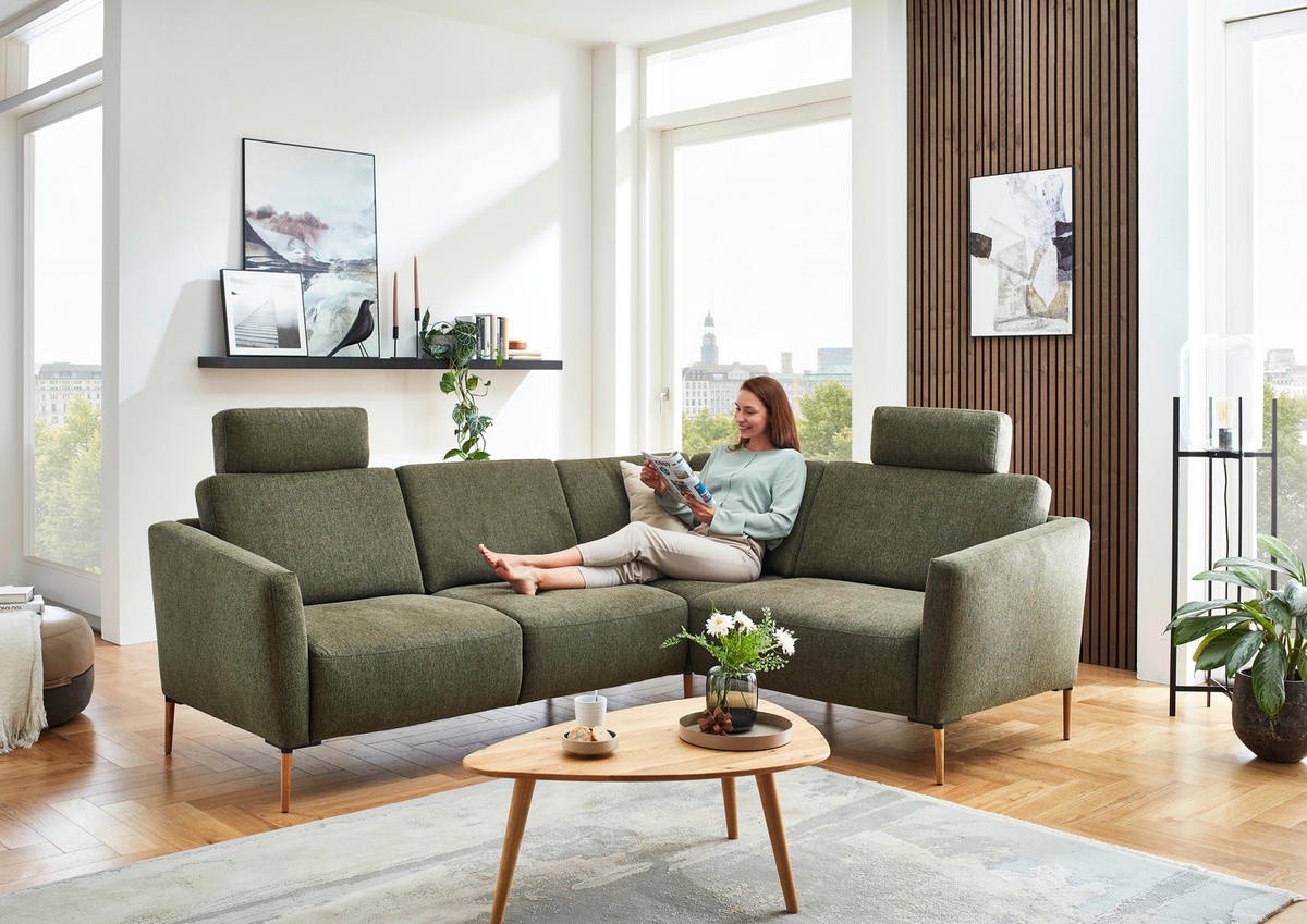 ECKSOFA in Flachgewebe Olivgrün  238/186 cm  - Eichefarben/Olivgrün, Design, Holz/Textil (238/186cm) - Valnatura