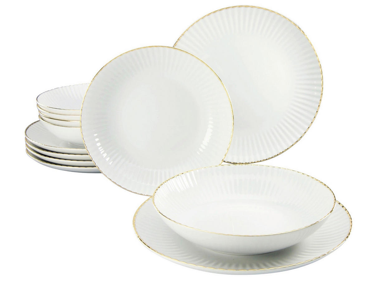 TAFELSERVICE Weiß, Goldfarben Allegra Goldband 12-teilig  - Goldfarben/Weiß, Basics, Keramik - Creatable