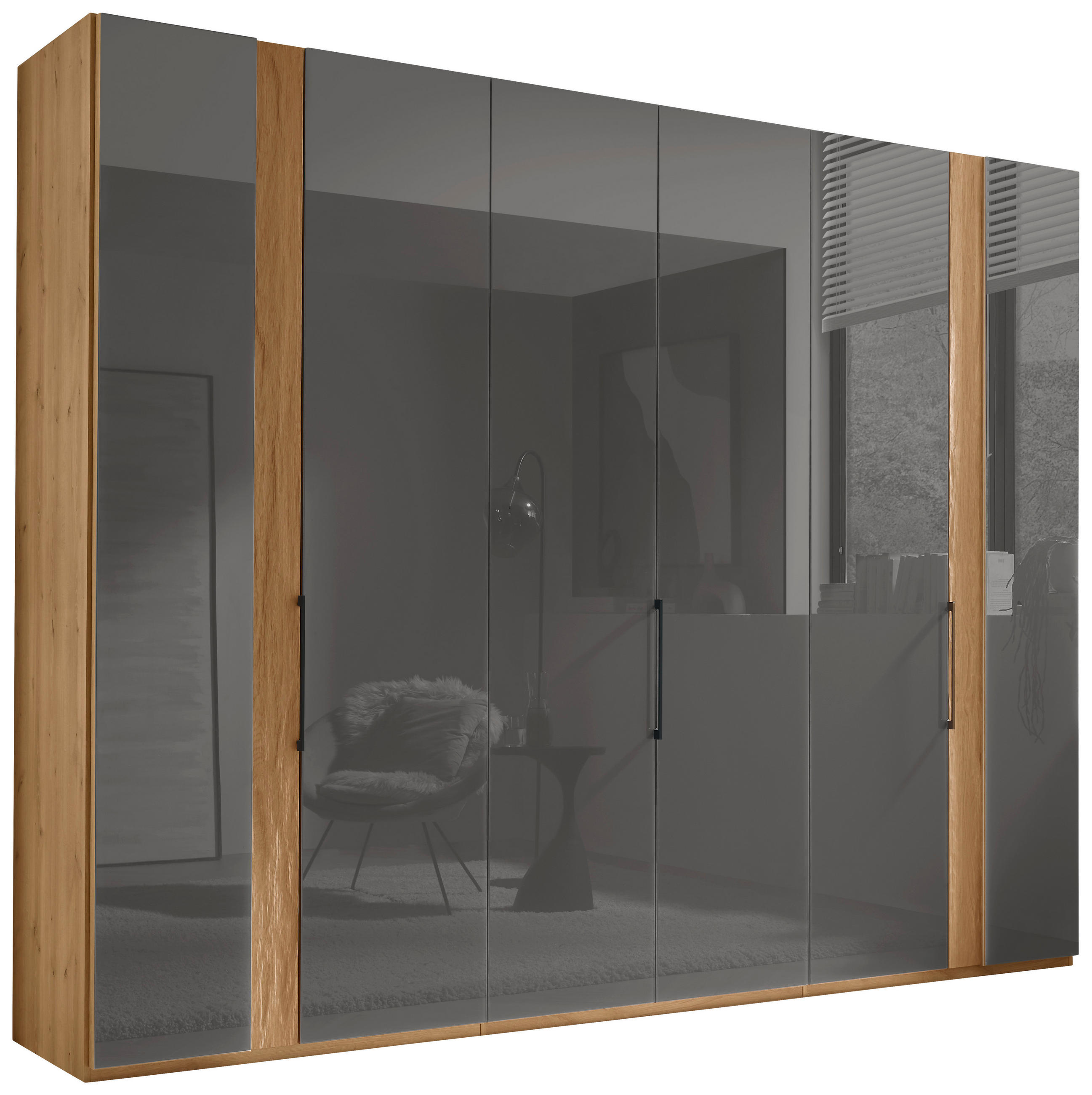DREHTÜRENSCHRANK Eiche Bianco, Lavagrau  - Schieferfarben/Eiche Bianco, Design, Glas/Holz (300/216/58cm) - Dieter Knoll