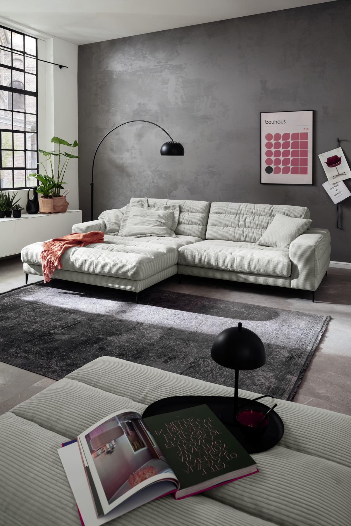 ECKSOFA in Cord Hellgrau  - Hellgrau/Schwarz, Design, Textil/Metall (207/296cm) - Dieter Knoll