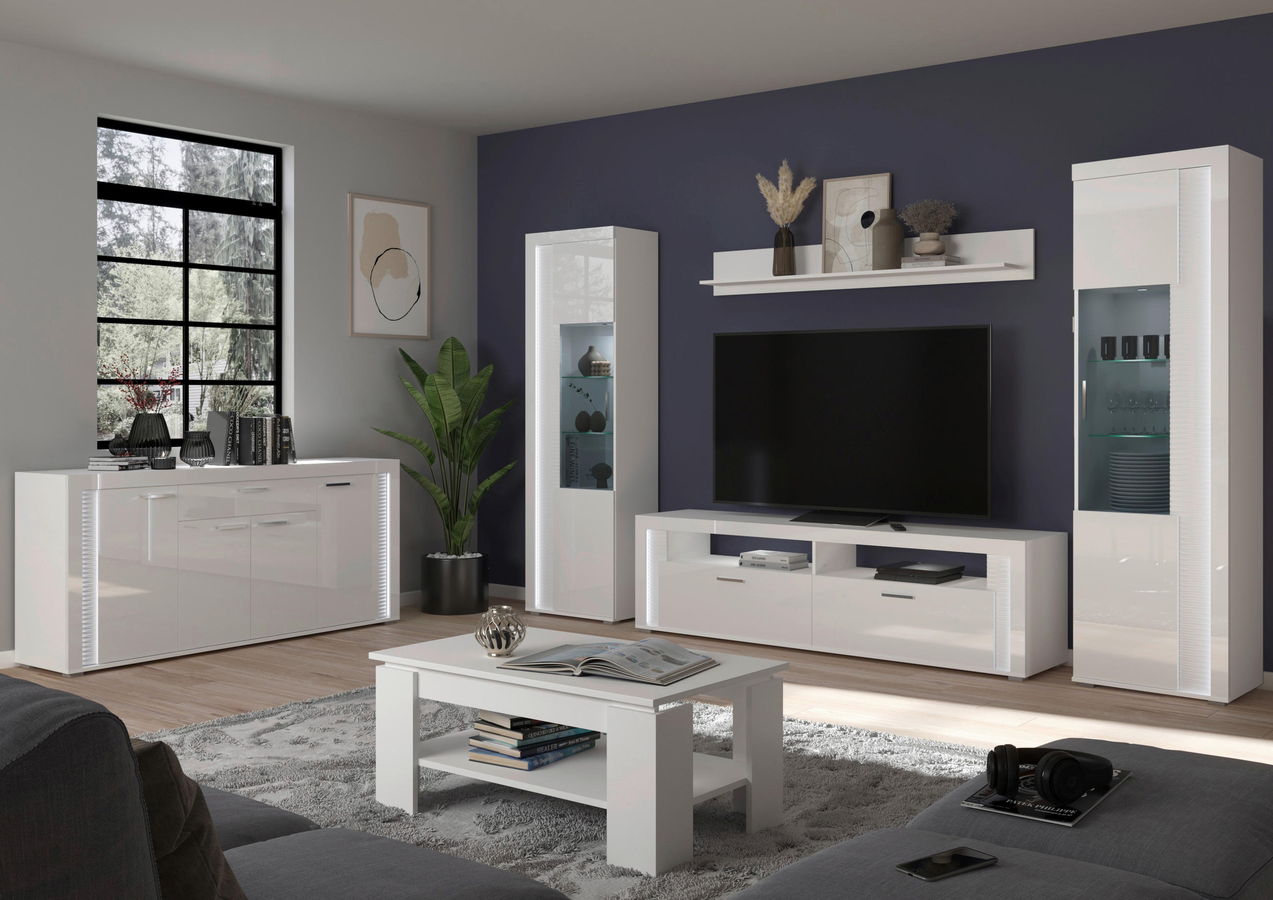 OBÝVACÍ STĚNA, vysoce lesklá bílá - barvy stříbra/vysoce lesklá bílá, Design, kompozitní dřevo/plast (351/202/46cm) - MID.YOU