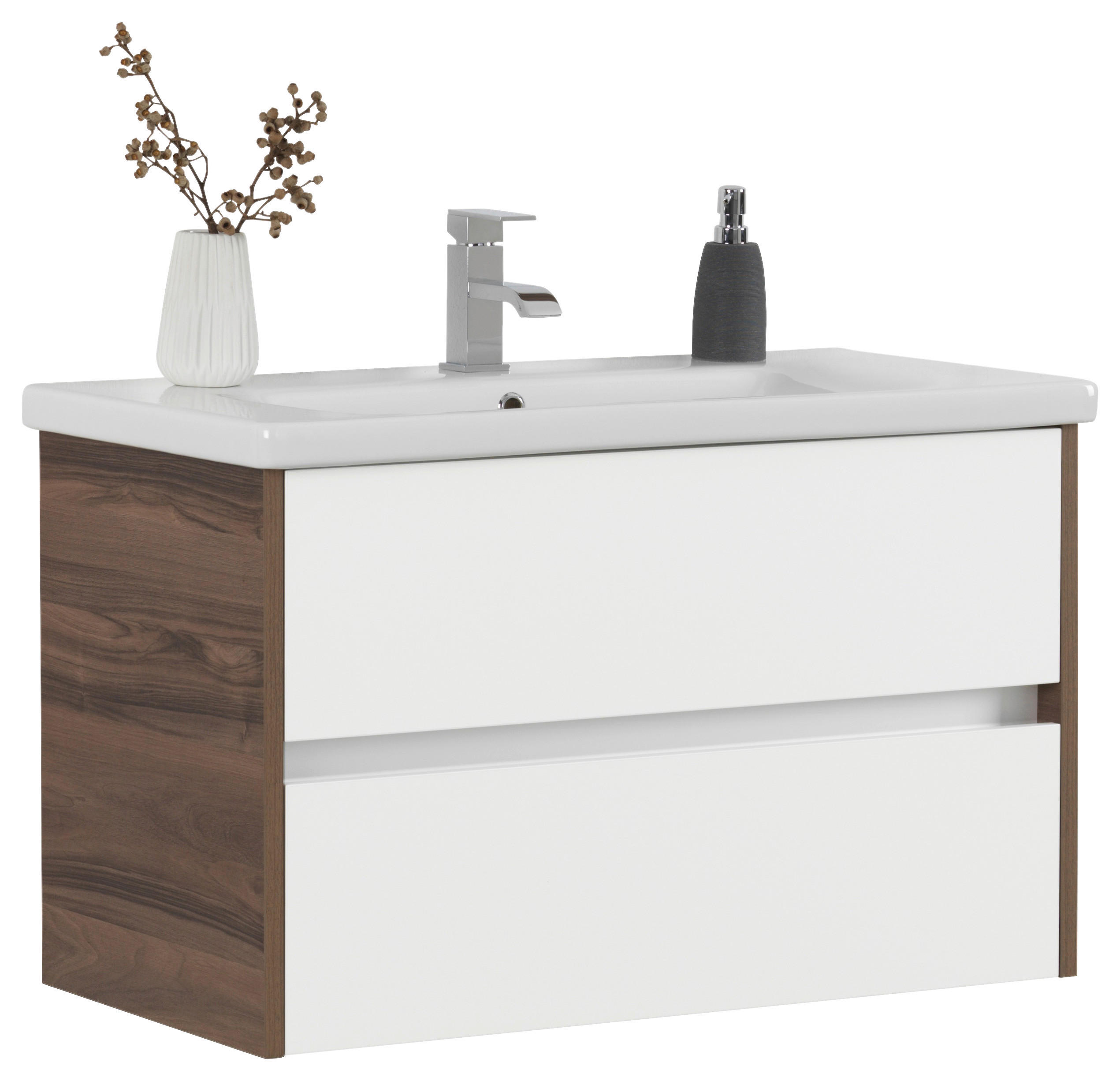 WASCHTISCHKOMBI 90 cm  - Weiß Hochglanz/Nussbaumfarben, Basics, Keramik/Holzwerkstoff (90cm) - Voleo