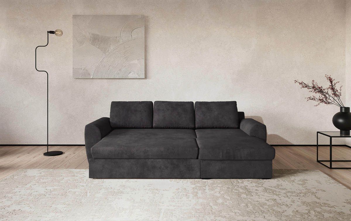 ECKSOFA Chenille Schwarz  - Schwarz, Trend, Kunststoff/Textil (253/154cm) - MID.YOU