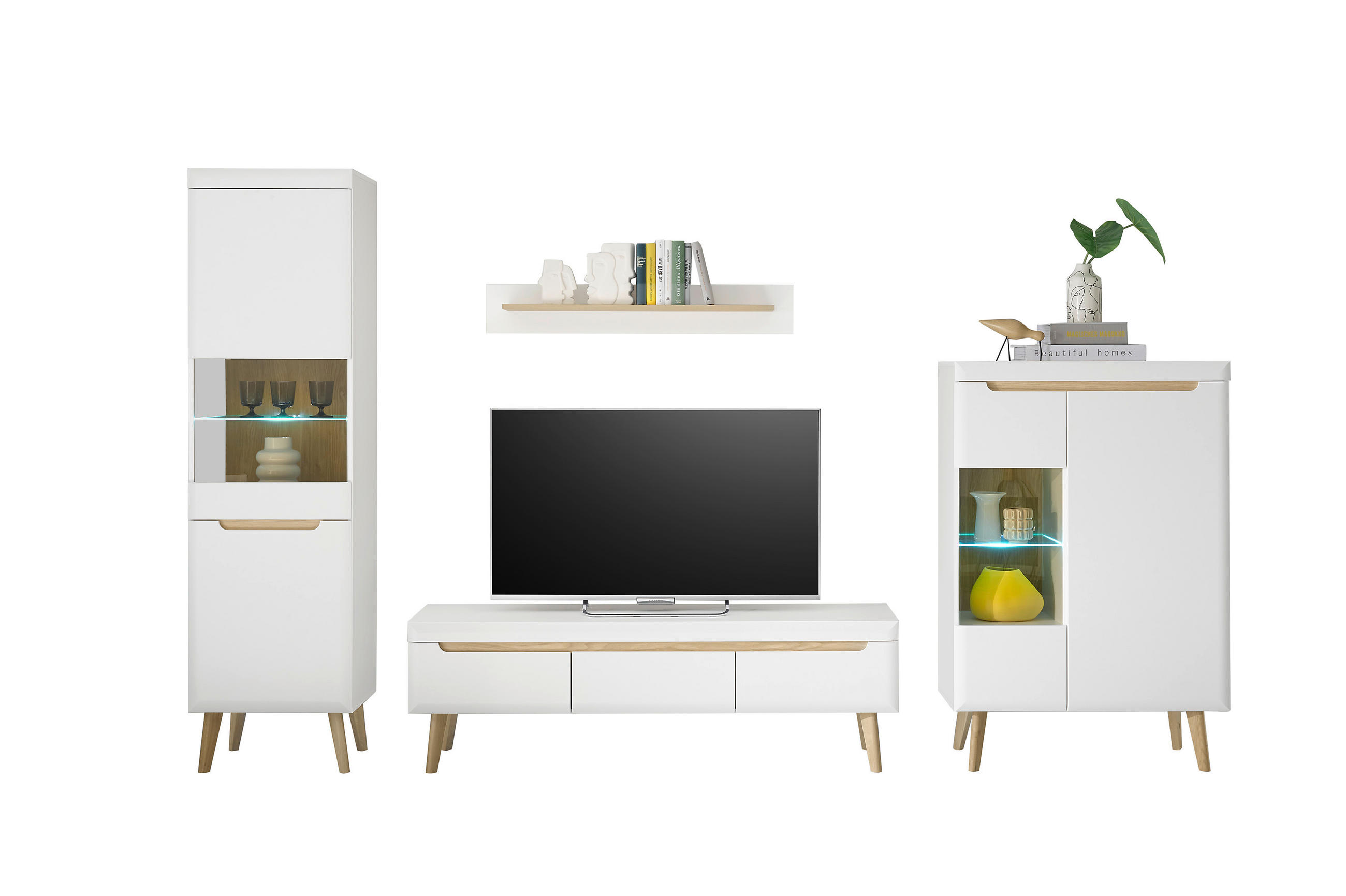 WOHNWAND 4-teilig  in Weiß, Eichefarben  343/197/40 cm  - Eichefarben/Weiß, Design, Glas/Holzwerkstoff (343/197/40cm) - MID.YOU