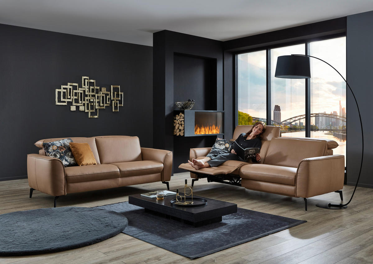 3-SITZER-SOFA in Echtleder Haselnussfarben  - Schwarz/Haselnussfarben, Natur, Leder/Metall (222/81/110cm) - Valdera