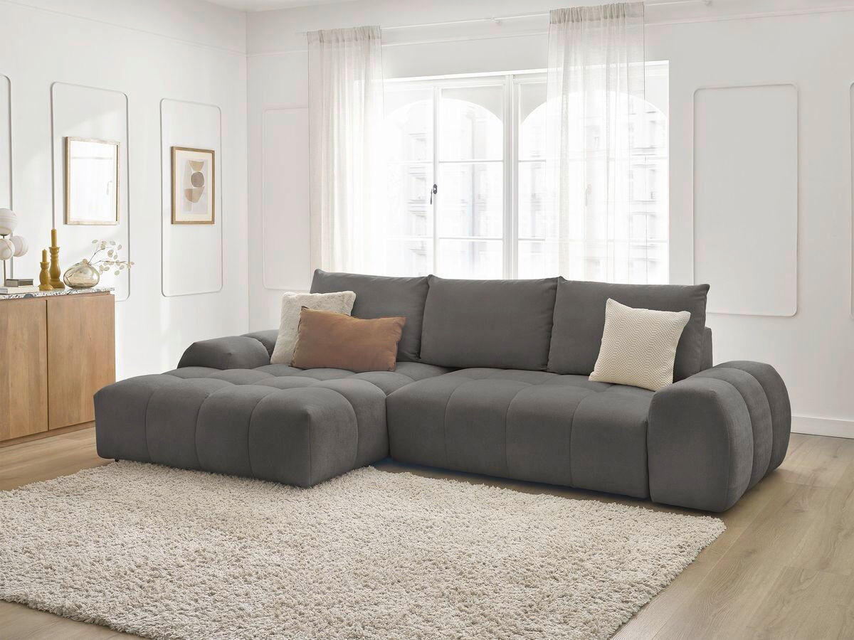 ECKSCHLAFSOFA EVEREST  mit Rücken echt, Armteil links, Armteil rechts Struktur Dunkelgrau  - Dunkelgrau/Schwarz, MODERN, Kunststoff/Textil (180/318cm) - Livetastic
