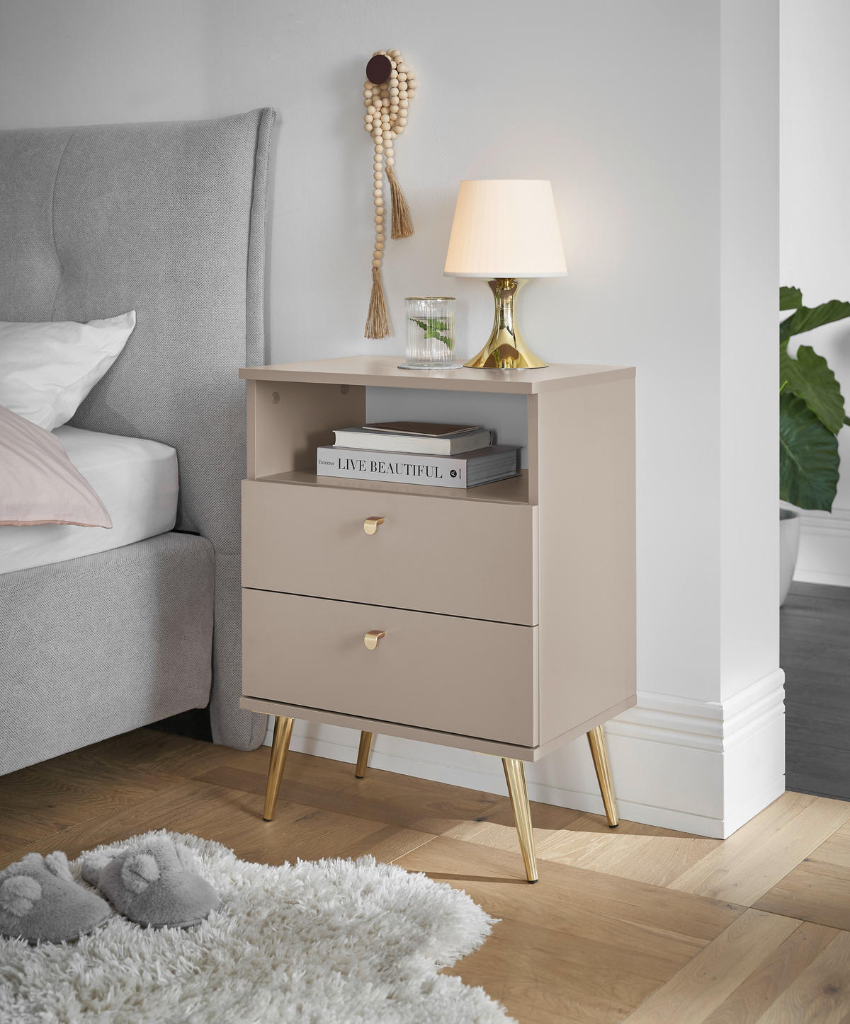 NACHTSCHRANK 50/70/34 cm  - Beige/Messingfarben, KONVENTIONELL, Holzwerkstoff/Metall (50/70/34cm) - Carryhome