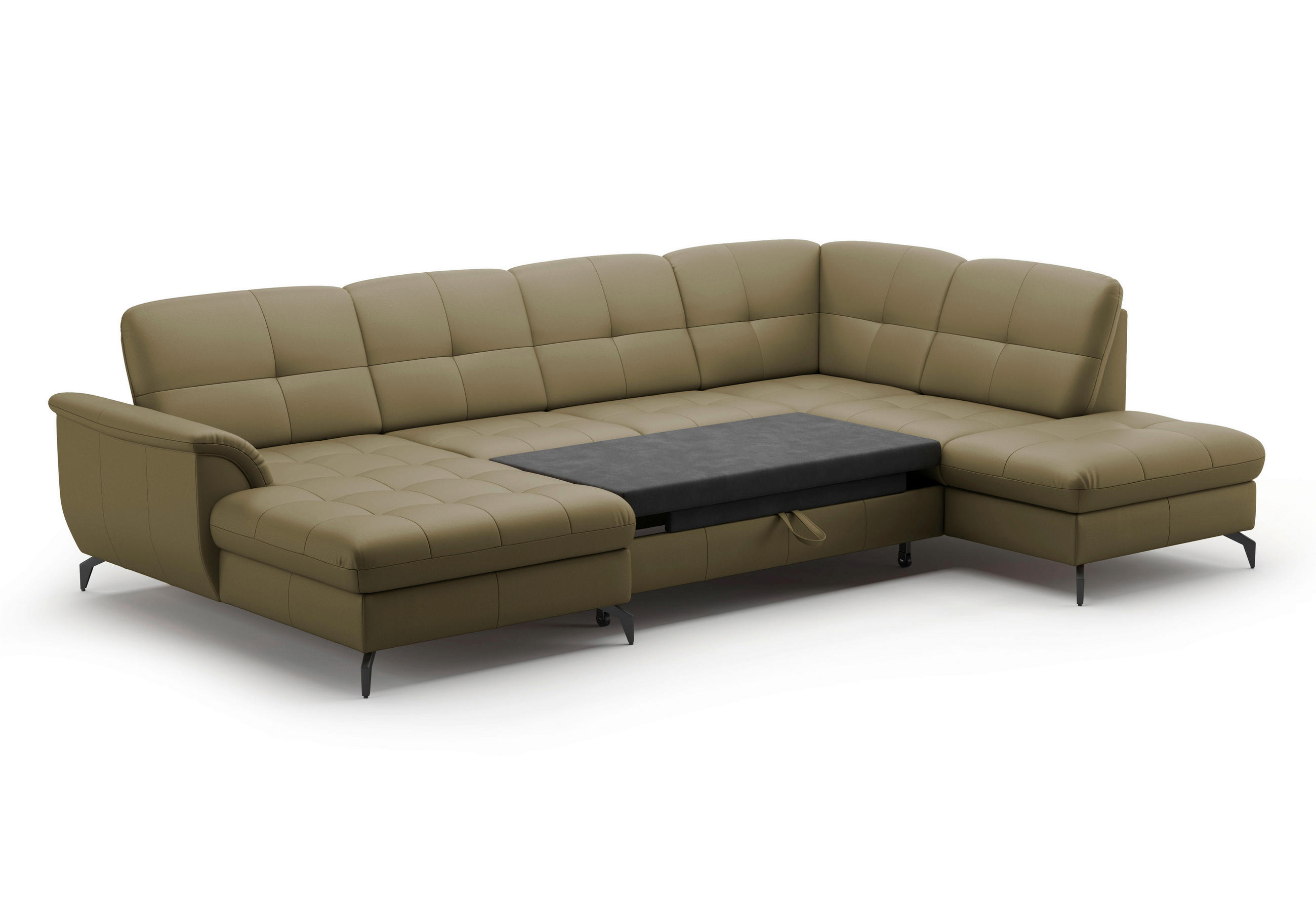 WOHNLANDSCHAFT Olivgrün Kombination Echtleder/Stoff Vliesstoff  - Schwarz/Olivgrün, MODERN, Leder/Textil (164/319/212cm) - Sit & More
