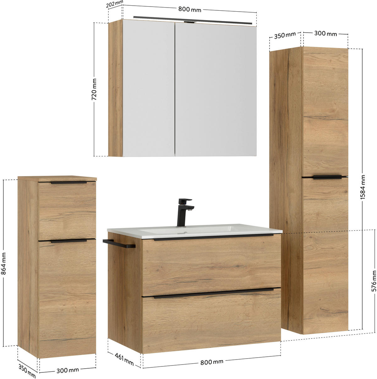 BADEZIMMER 3-teilig  in 81 cm  - Eichefarben/Schwarz, MODERN, Holzwerkstoff/Stein (81cm) - Nobilia