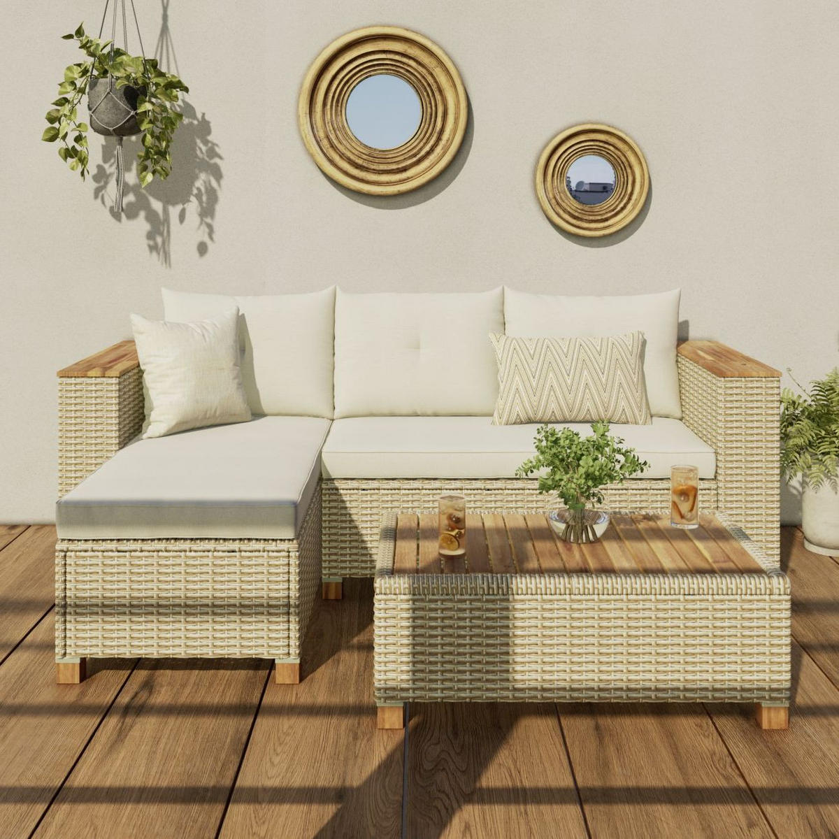 GARTENSET 3-teilig Webstoff Akaziemassiv Stahl 3-teilig  - Beige/Akaziefarben, MODERN, Holz/Kunststoff (118/184cm) - Ambia Garden