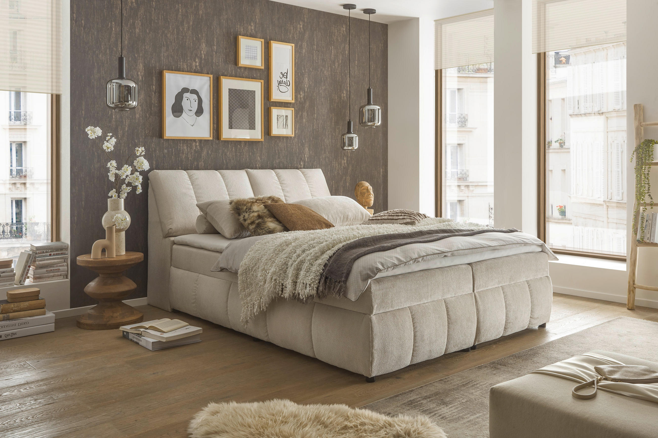 BOXBETT 180/200 cm,  in Beige, gepolstertes Kopfteil, Bettkasten, Topper,  - Beige/Schwarz, MODERN, Holzwerkstoff/Kunststoff (180/200cm) - MID.YOU