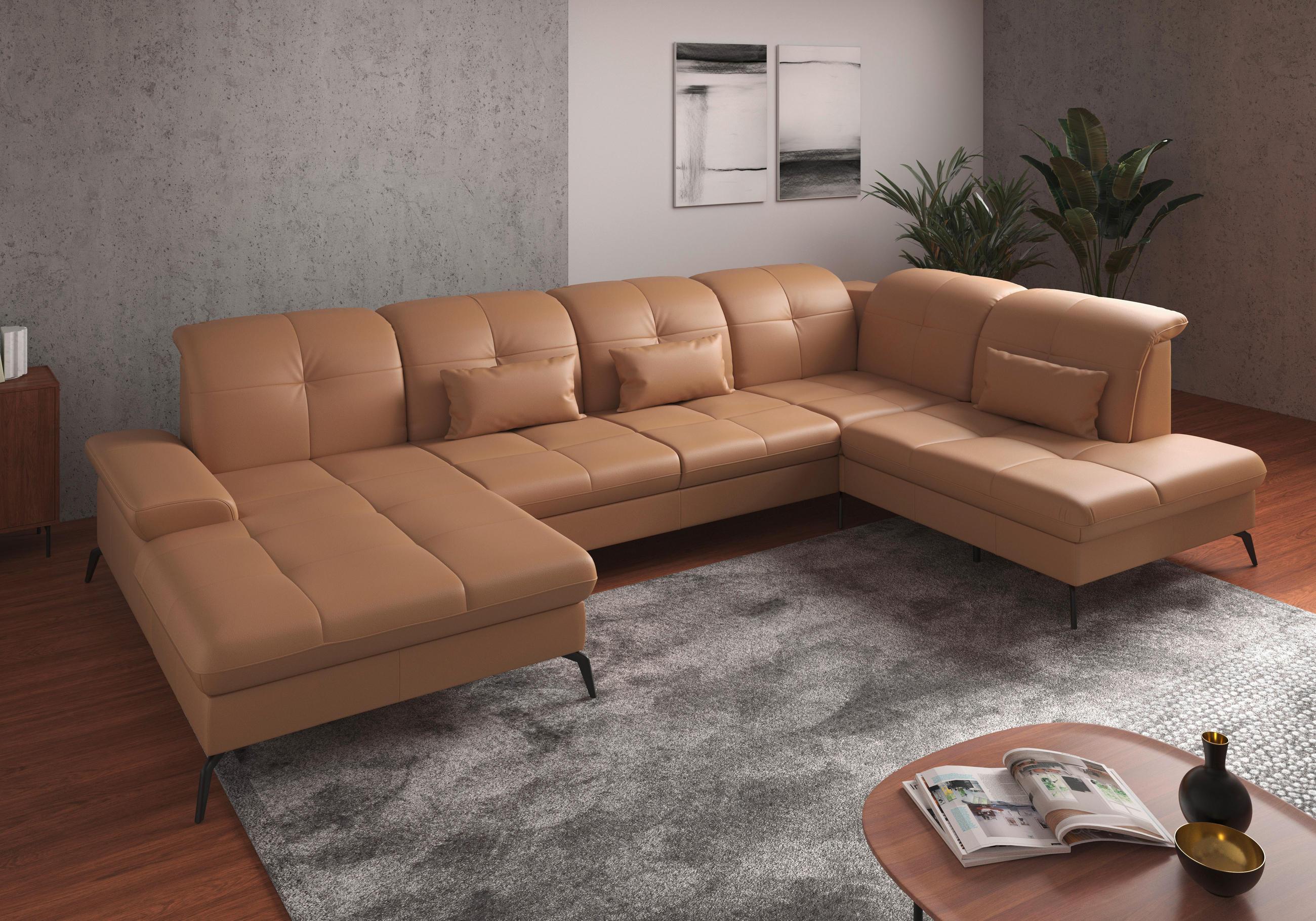 WOHNLANDSCHAFT Cappuccino Echtleder  - Schwarz/Cappuccino, KONVENTIONELL, Leder/Metall (185/357/231cm) - Sit & More