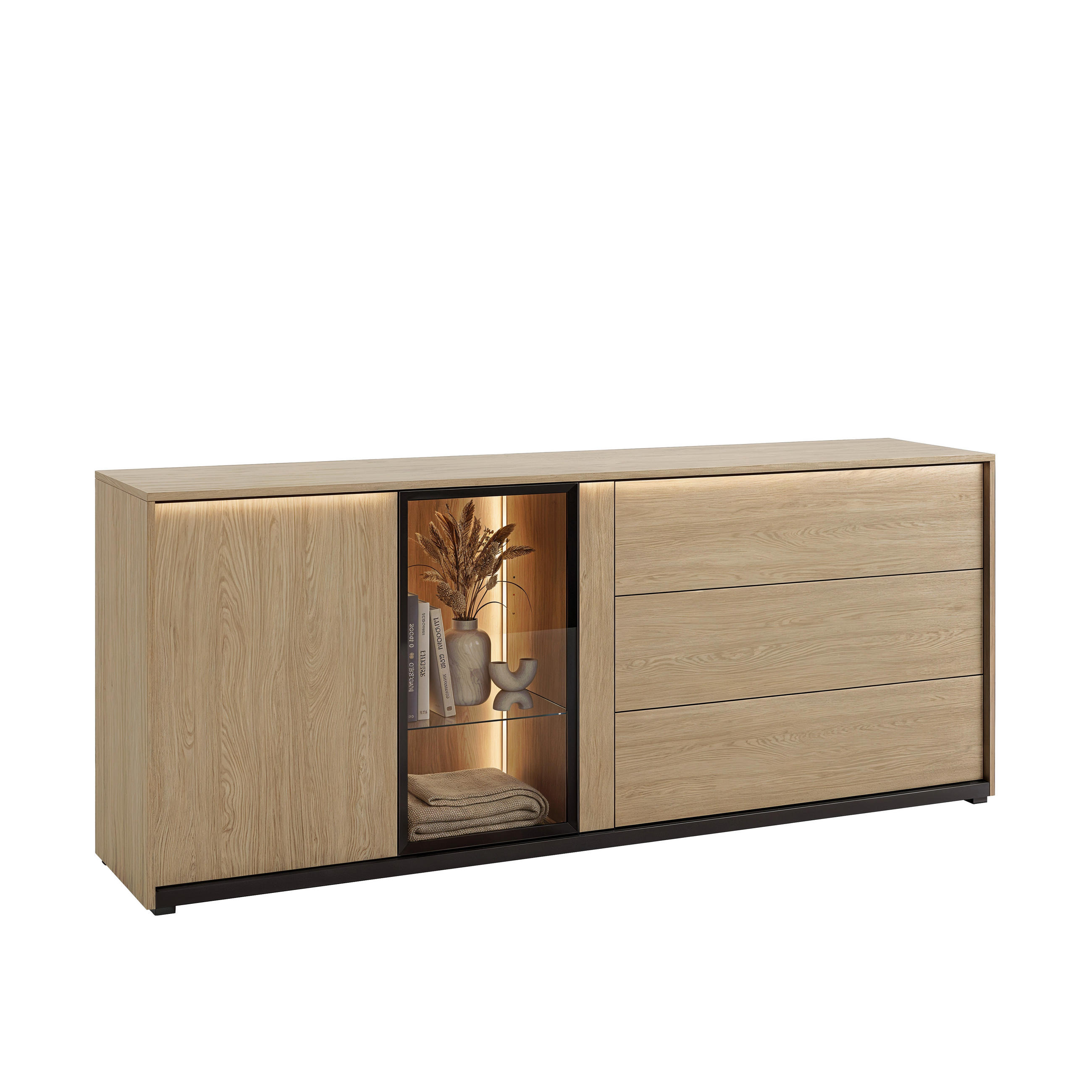 SIDEBOARD 195/82/40 cm Schwarz, Eichefarben  195/82/40 cm  - Eichefarben/Schwarz, MODERN, Glas/Holzwerkstoff (195/82/40cm) - Stylife