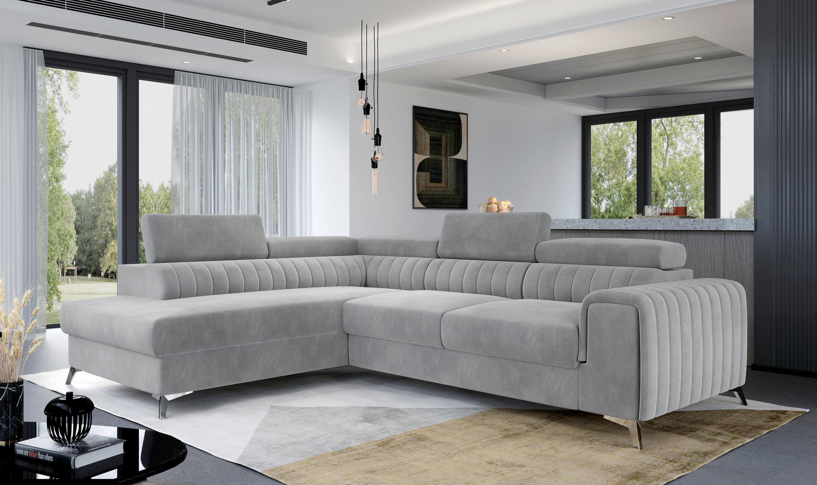 ECKSOFA in Samt Hellgrau  205/278 cm  - Silberfarben/Hellgrau, Design, Textil/Metall (205/278cm) - MID.YOU