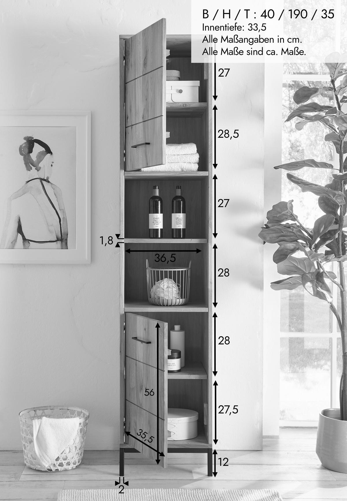 HOCHSCHRANK 40/190/35 cm  - Wildeiche/Schwarz, Basics, Holz/Metall (40/190/35cm) - Linea Natura