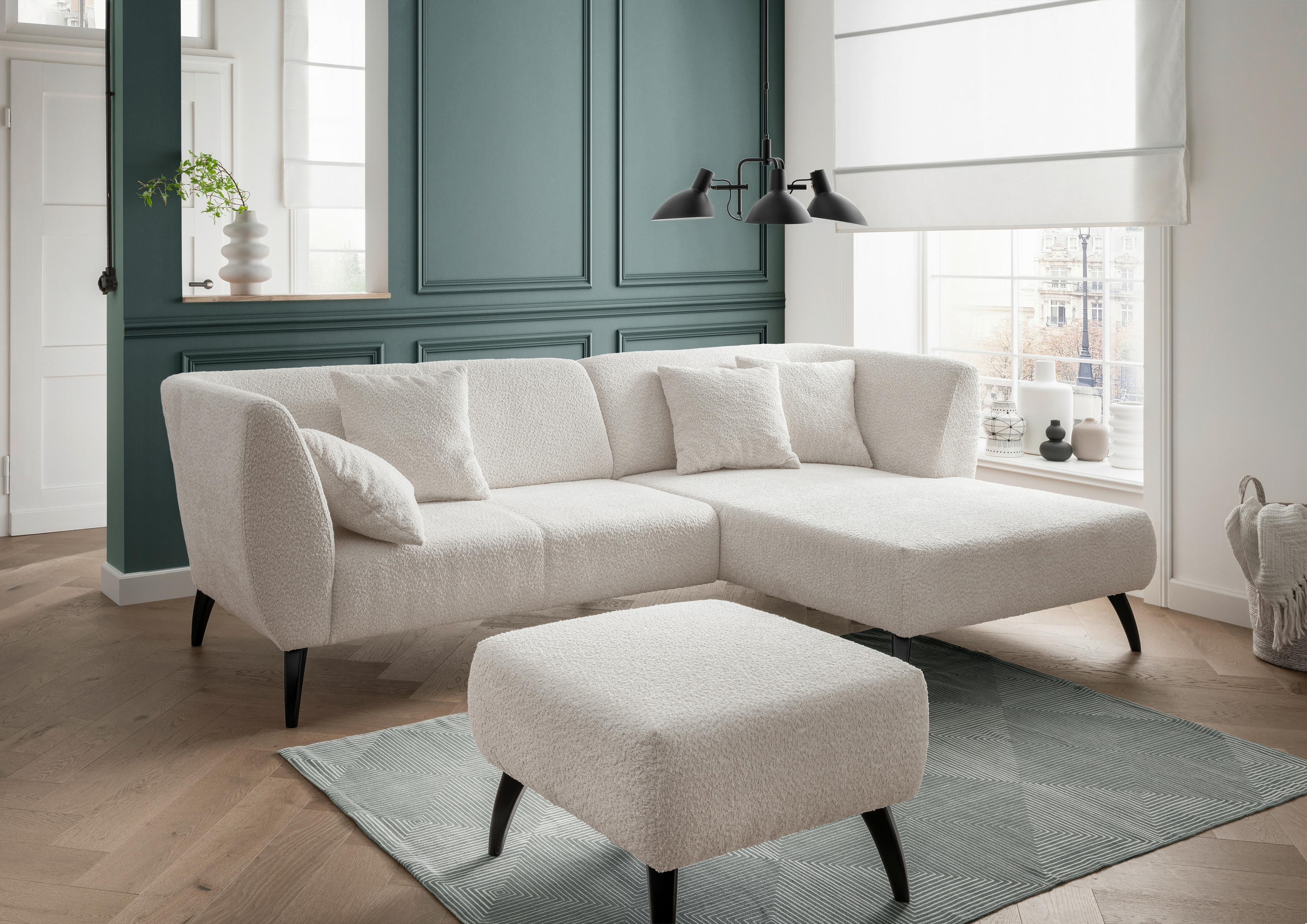 ECKSOFA Weiß Bouclé  - Schwarz/Weiß, MODERN, Holz/Textil (264/160cm) - MID.YOU